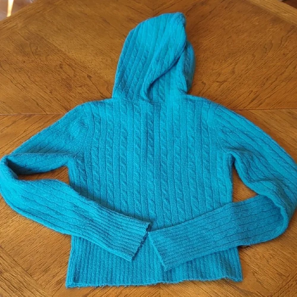 Y2K Vibrant Turquoise V-Neck Hooded Sweater